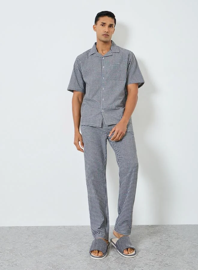 Styli Men Gingham Print Buttoned Shirt and Pyjama Set